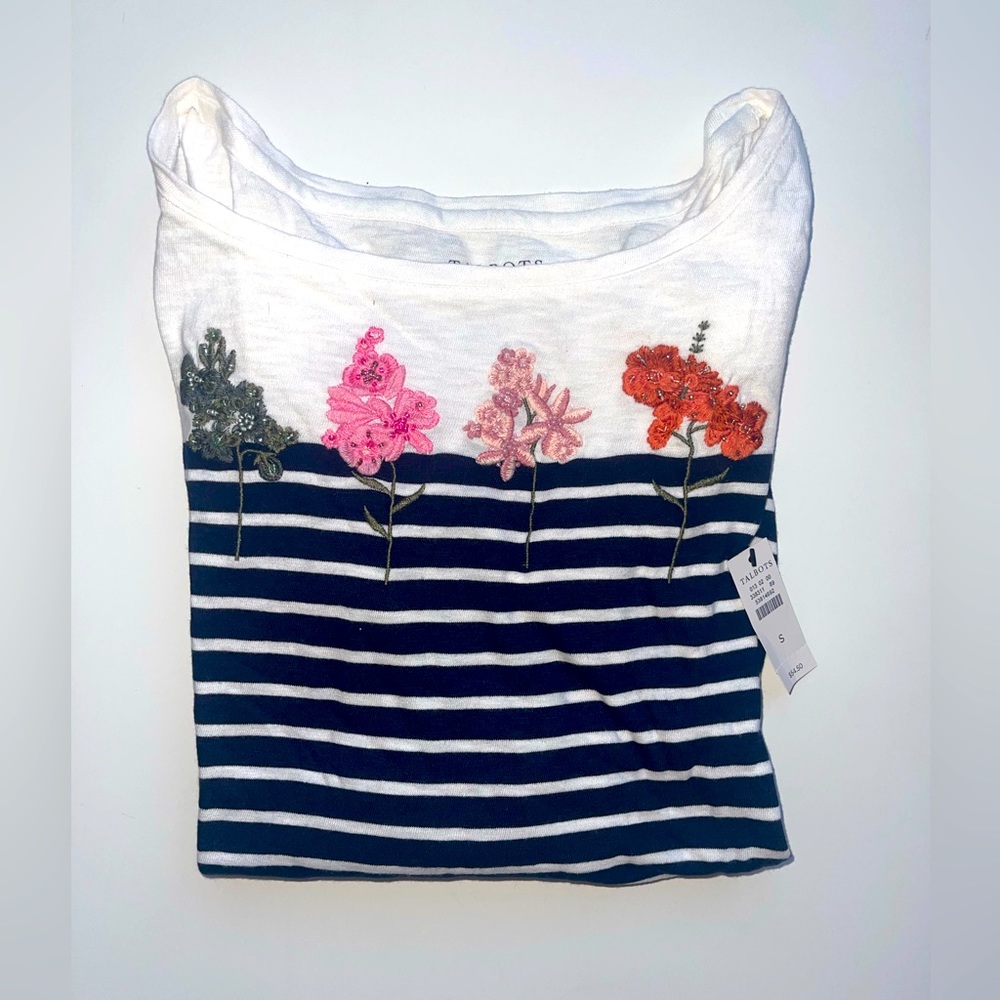 NWT Talbots Small 3 Quarter Sleeve striped blouse with floral embroidery
